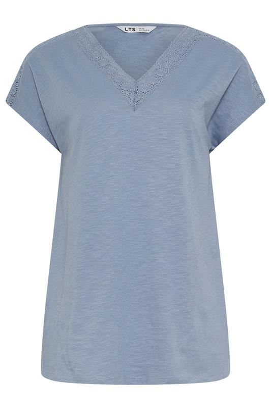 LTS Tall Women's Mid Blue Lace Cotton V-Neck T-Shirt | Long Tall Sally 5