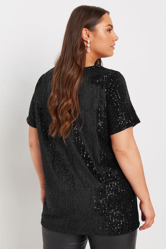 YOURS Plus Size Black Short Sleeve Velvet Sequin Top | Yours Clothing 3