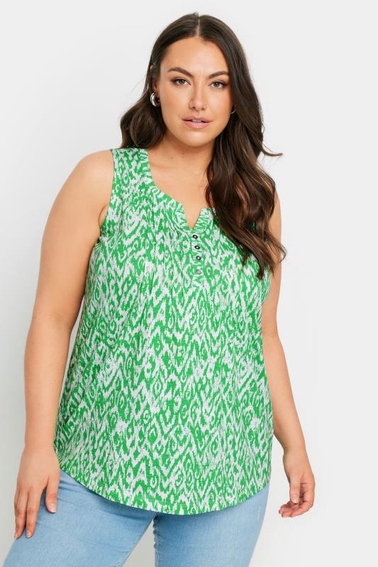 YOURS Plus Size Green Ikat Print Pintuck Henley Vest Top | Yours Clothing 1