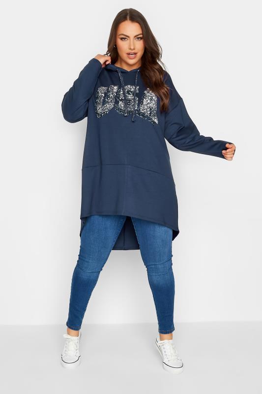 YOURS Plus Size Curve Navy Blue 'USA' Slogan Longline Hoodie | Yours Clothing  2