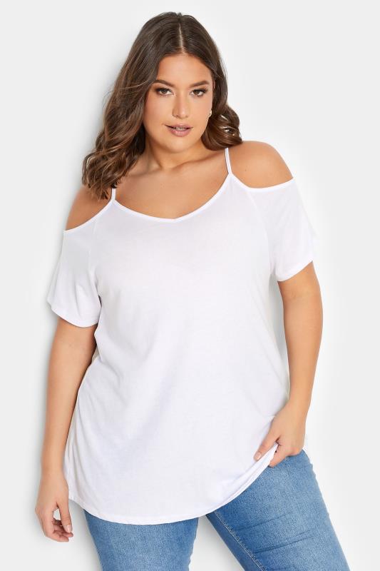 YOURS Curve Plus Size White Cold Shoulder T-Shirt | Yours Clothing  1