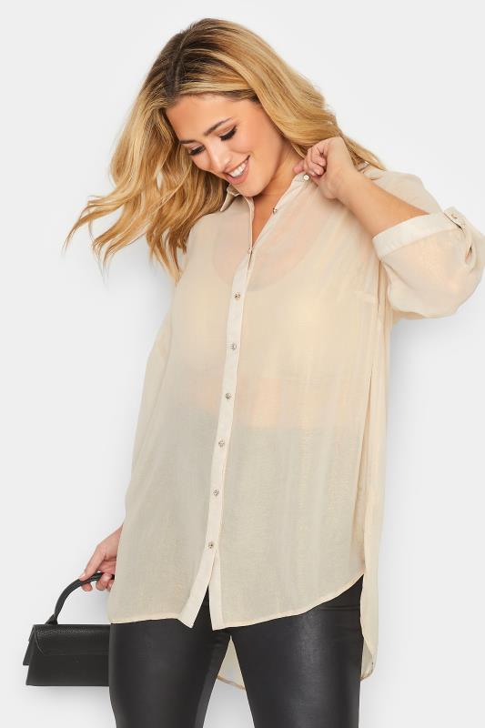 Curve Plus Size Nude Sheer Shimmer Button Up Shirt | Yours Clothing  1