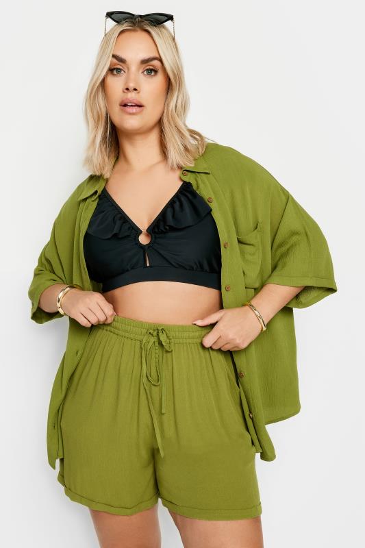 LIMITED COLLECTION Plus Size Olive Green Crinkle Shorts | Yours Clothing 1