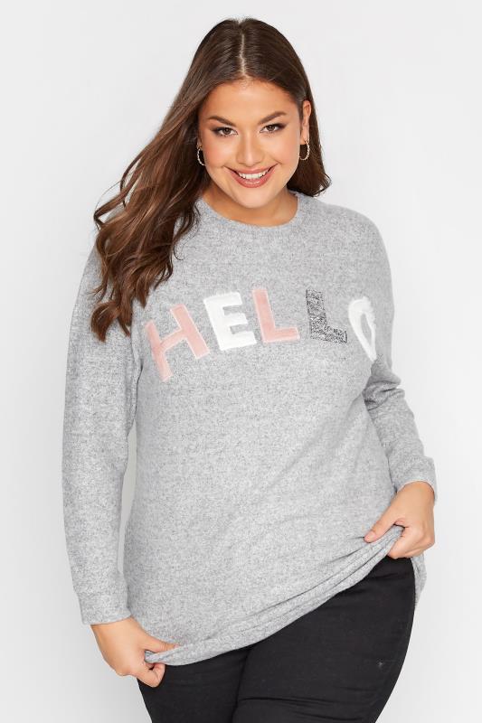Plus Size Curve Grey Embellished 'Hello' Slogan Knitted Jumper | Yours Clothing 1