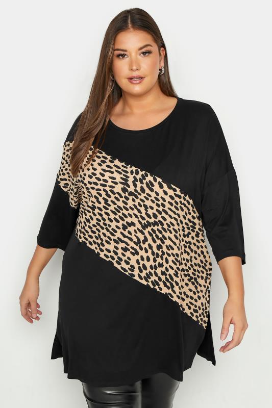Plus Size Black Leopard Print Colour Block Oversized T-shirt | Yours Clothing  1