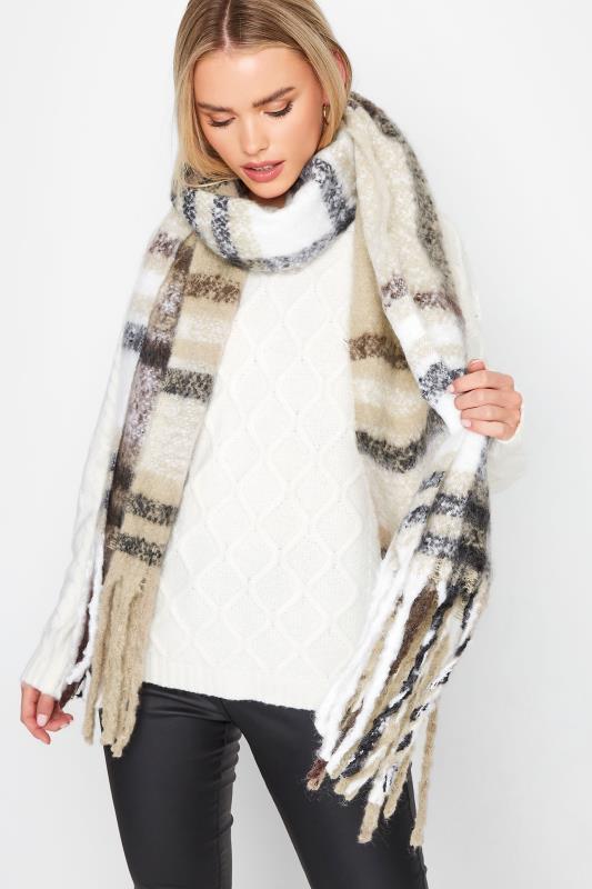Plus Size  Yours Brown & White Check Chunky Tassel Scarf