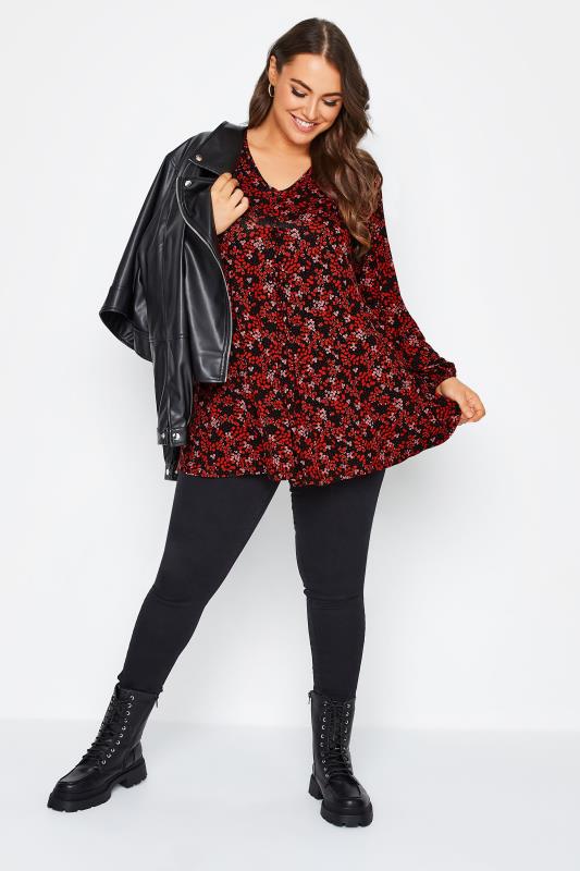 Plus Size Red Ditsy Floral Swing Top | Yours Clothing 2
