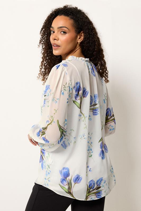 M&Co White & Blue Floral Tie Neck Blouse | M&Co 2