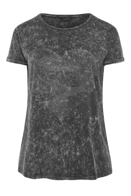 Plus Size Grey Acid Wash Embellished Heart T-Shirt | Yours Clothing 6