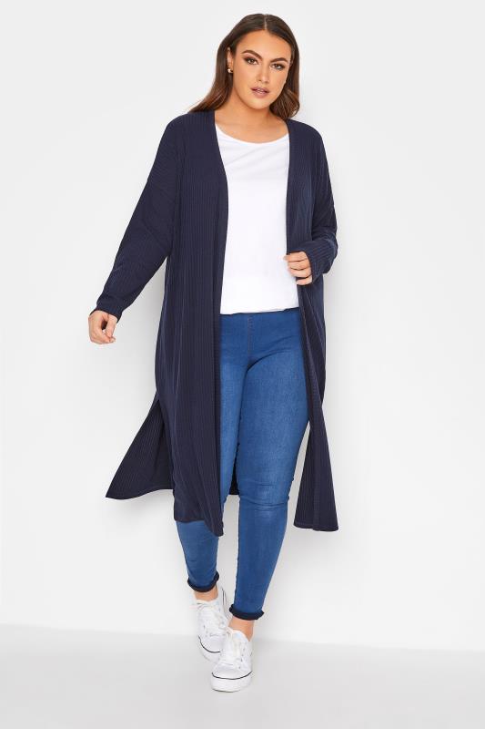 Plus Size  LIMITED COLLECTION Curve Navy Blue Ribbed Side Split Cardigan