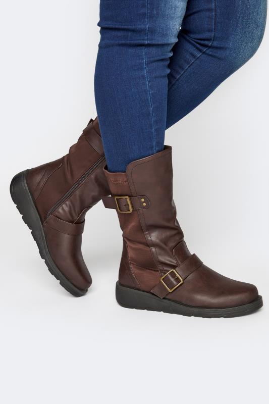 Brown Faux Leather Wedge Buckle Boots In Wide E Fit & Extra Wide EEE Fit | Yours Clothing 1