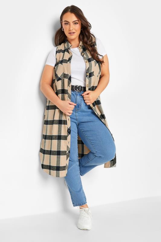 Plus Size Beige Brown Check Print Sleeveless Maxi Shirt | Yours Clothing 1