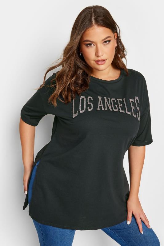 YOURS Curve Black 'Los Angeles' Glitter Embossed T-Shirt | Yours Clothing  1