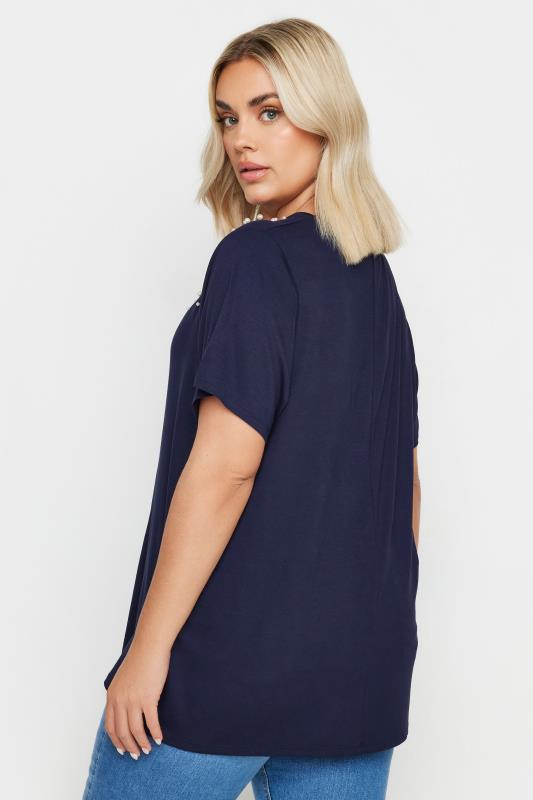 YOURS Plus Size Navy Blue Pearl Detail T-Shirt | Yours Clothing 3