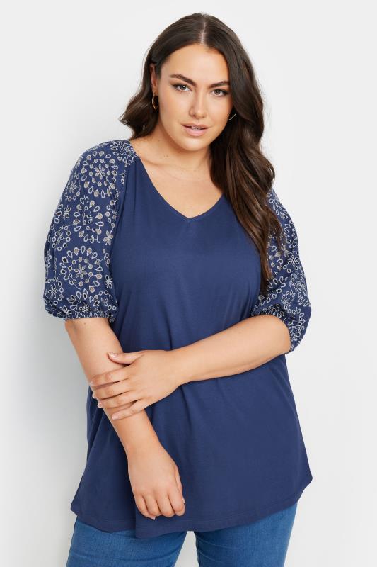 Plus Size  YOURS Curve Navy Blue Broderie Anglaise Sleeve T-Shirt