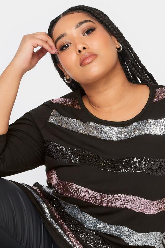 YOURS Plus Size Black Sequin Embellished Stripe Top | Yours Clothing 4