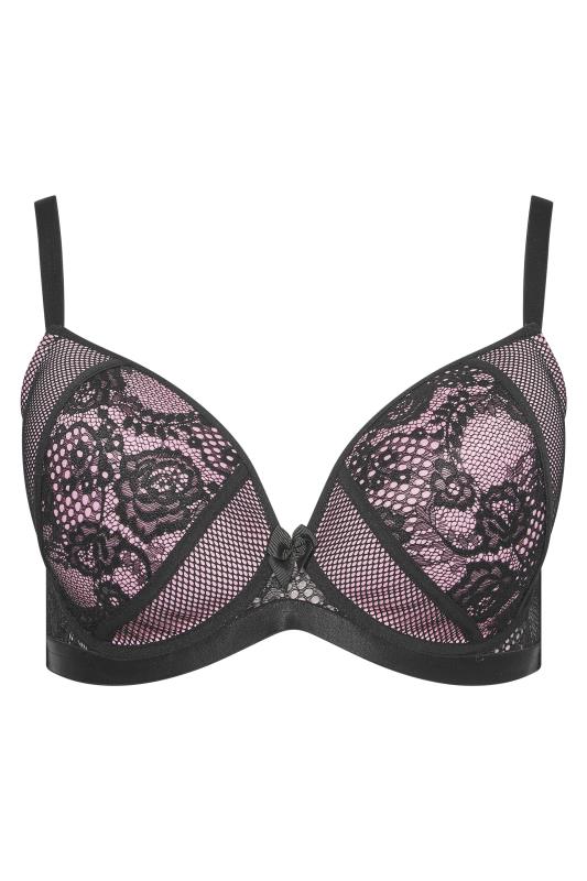 Black Lace Insert Padded Underwired Plunge Bra | Yours Clothing 4