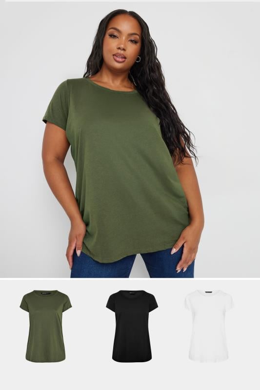 Plus Size  YOURS 3 PACK Curve Green & Black Core T-Shirts