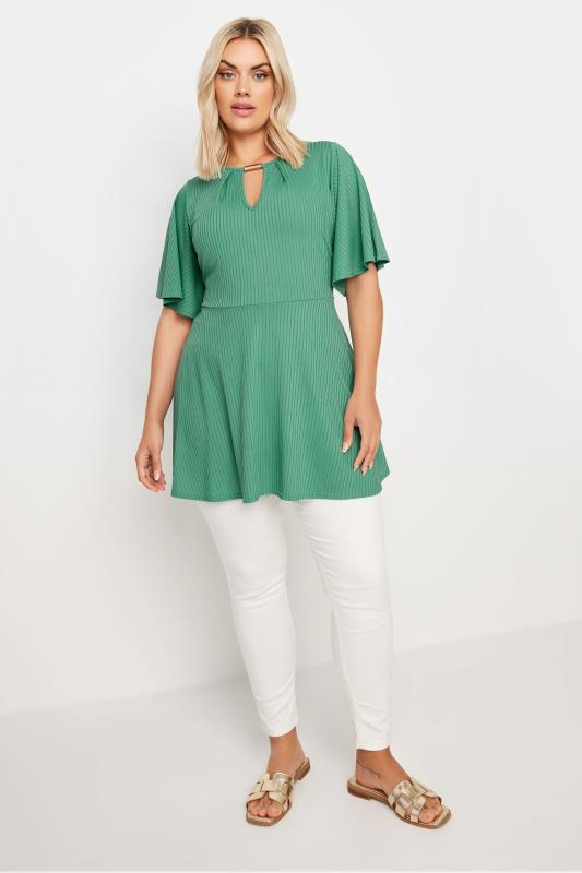 YOURS Plus Size Green Metal Trim Peplum Top | Yours Clothing 2