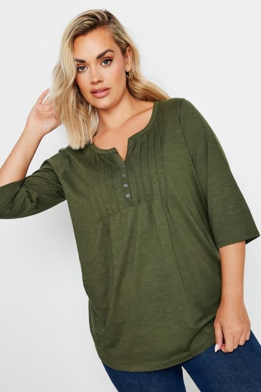 YOURS Plus Size Khaki Green Pintuck Henley Top | Yours Clothing 2