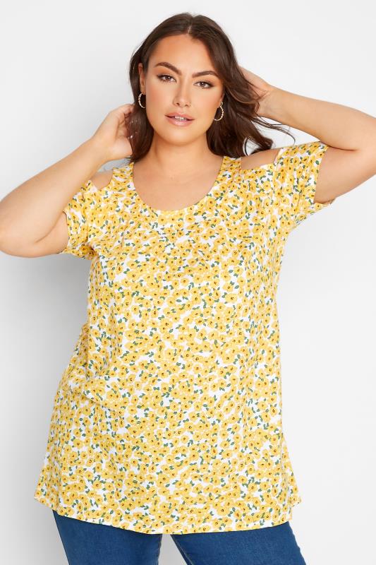 Curve White & Yellow Ditsy Print Cold Shoulder Top 2