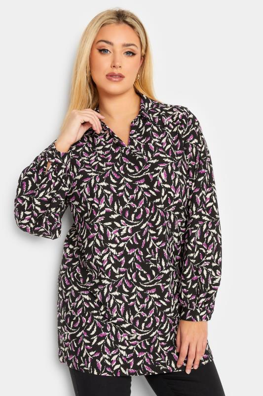 YOURS Plus Size Black Leaf Print Collared Blouse | Yours Clothing 1