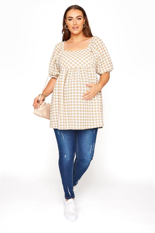 BUMP IT UP MATERNITY Curve White & Beige Brown Gingham Square Neck Top_B.jpg