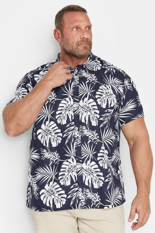 Men's  BadRhino Big & Tall Navy Blue Tropical Print Short Sleeve Linen Shirt