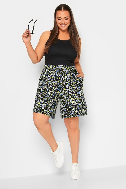 YOURS Plus Size Black & Blue Floral Print Pull On Shorts | Yours Clothing 2