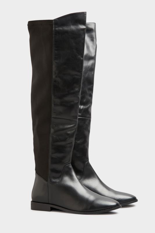 Tall  LTS Black Faux Leather Stretch Knee High Boots In Standard D Fit