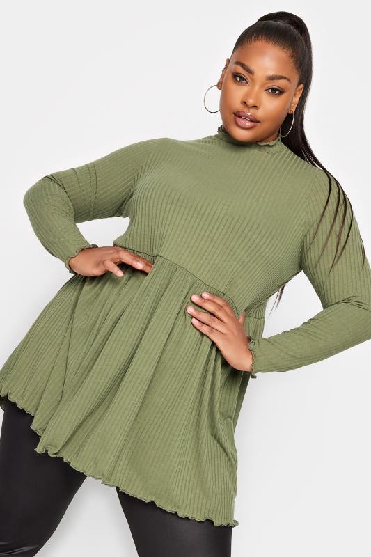 LIMITED COLLECTION Plus Size Khaki Green Peplum Lettuce Hem Top | Yours Clothing   1