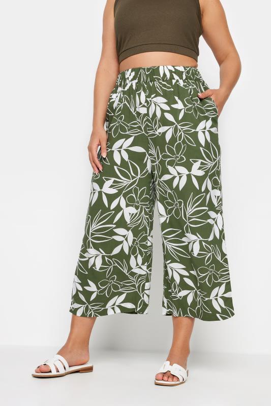 YOURS Plus Size Green Leaf Print Cropped Trousers | Yours Clothing 1