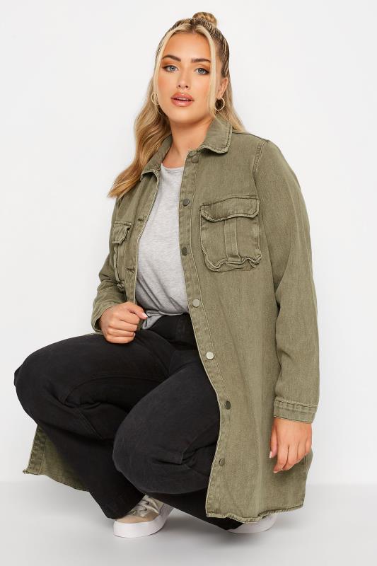 LIMITED COLLECTION Plus Size Khaki Green Washed Longline Denim Jacket | Yours Clothing 4