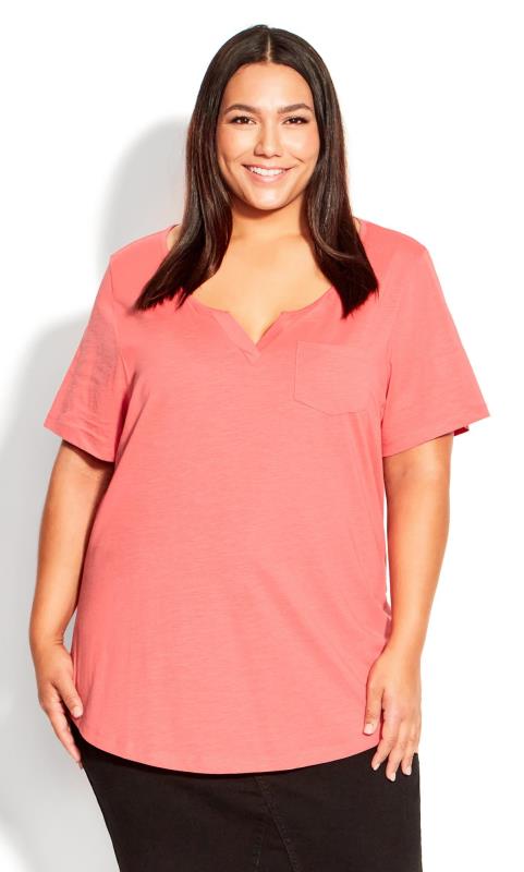 Plus Size  Evans Coral Orange V-Neck Pocket T-Shirt