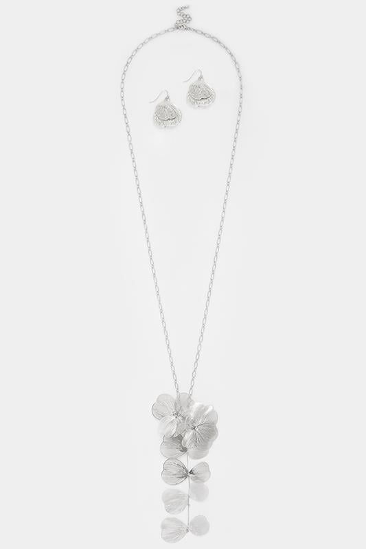 Silver Tone Long Flower Necklace & Earrings Set | Yours Clothing 1