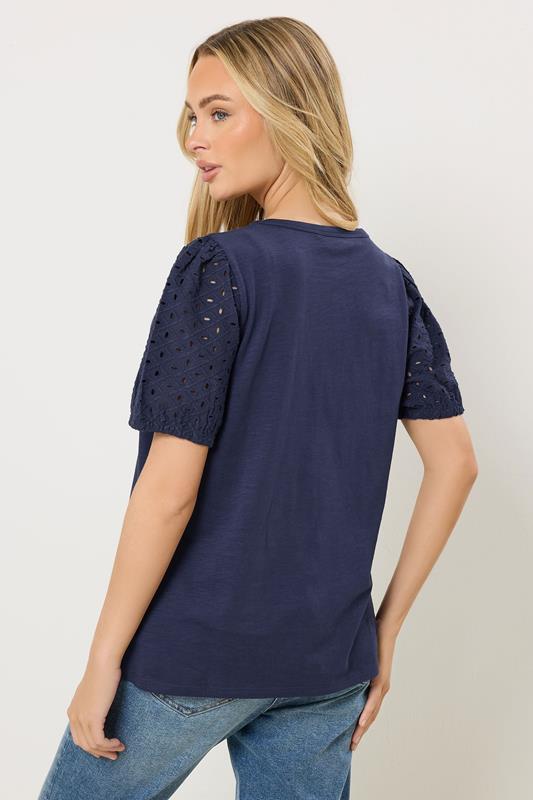 M&Co Navy Blue Broderie Cotton Puff Sleeve Top | M&Co 2