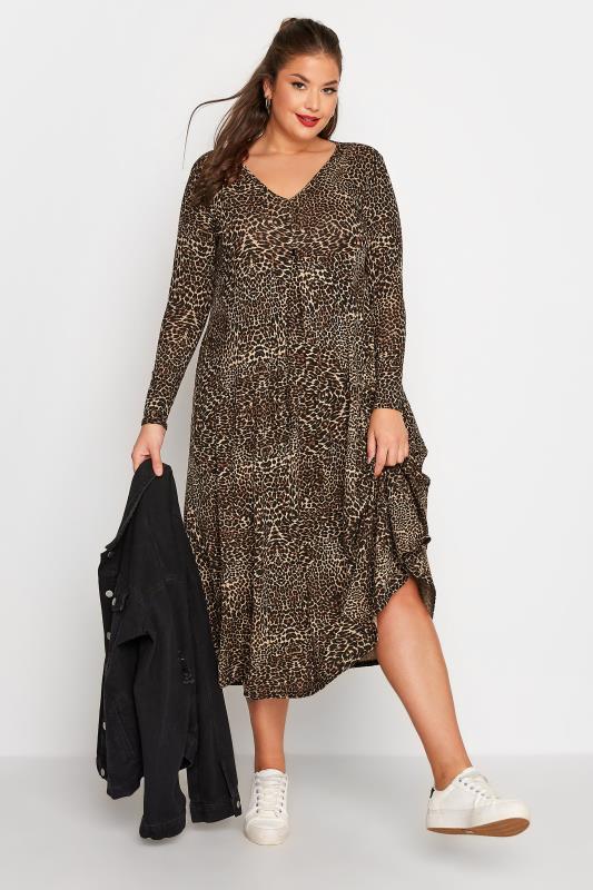 LIMITED COLLECTION Plus Size Brown Animal Print Pleat Front Dress | Yours Clothing 1