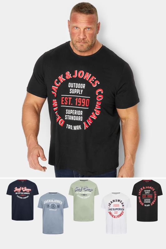 JACK & JONES Big & Tall 5 PACK Black & Blue Logo Printed T-Shirts | BadRhino 1