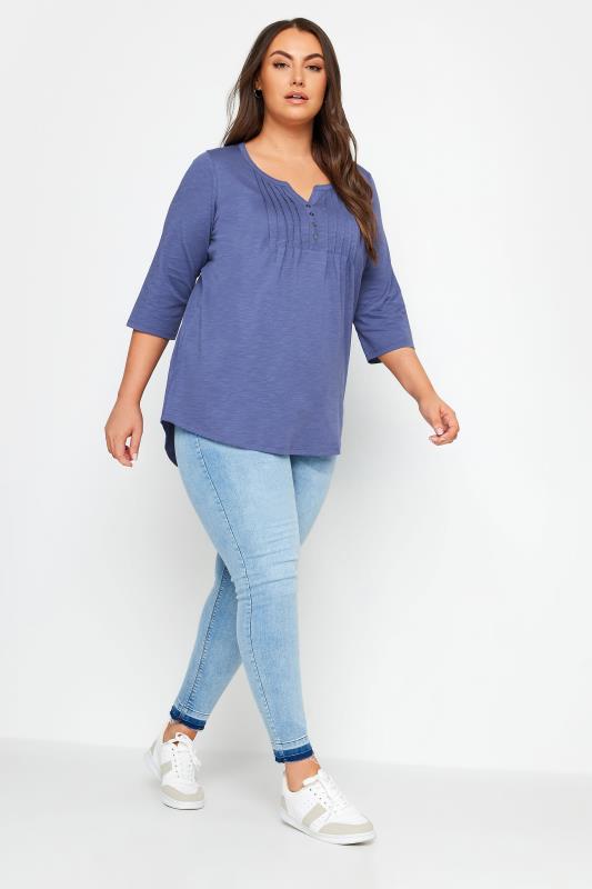 YOURS Plus Size Purple Pintuck Henley Top | Yours Clothing 2