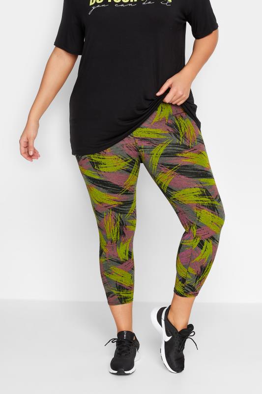YOURS ACTIVE Plus Size Green & Pink Slash Print Leggings | Yours Clothing 1