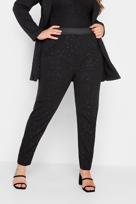  Grande Taille YOURS LONDON Curve Black Glitter Tapered Stretch Trousers