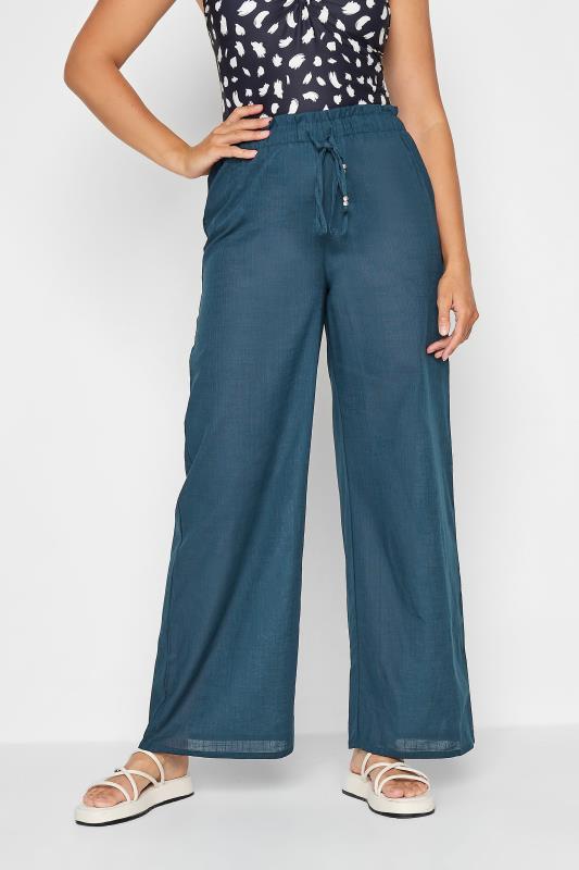 LTS Tall Navy Blue Cotton Wide Leg Beach Trousers | Long Tall Sally  1