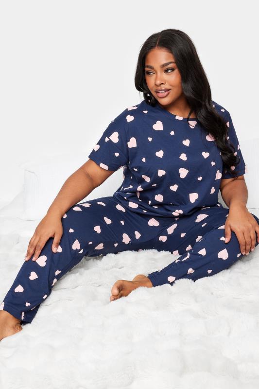 YOURS Plus Size Navy Blue Heart Print Pyjama Set | Yours Clothing 1