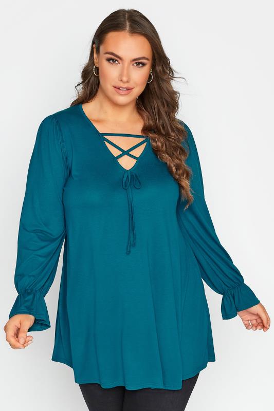 LIMITED COLLECTION Plus Size Teal Blue Lattice Front Top | Yours Clothing 1