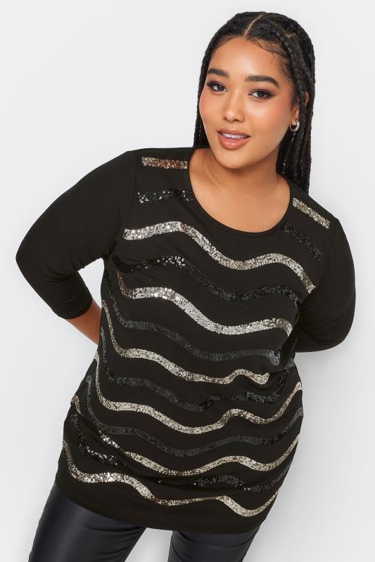 YOURS Plus Size Black & Gold Sequin Embellished Stripe Top | Yours Clothing 1