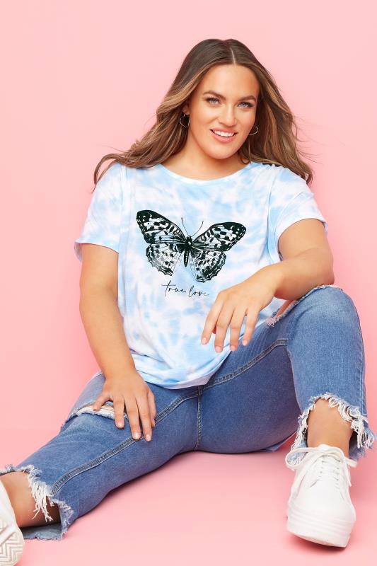 Plus Size  Light Blue Topstitch Butterfly Tie Dye T-Shirt