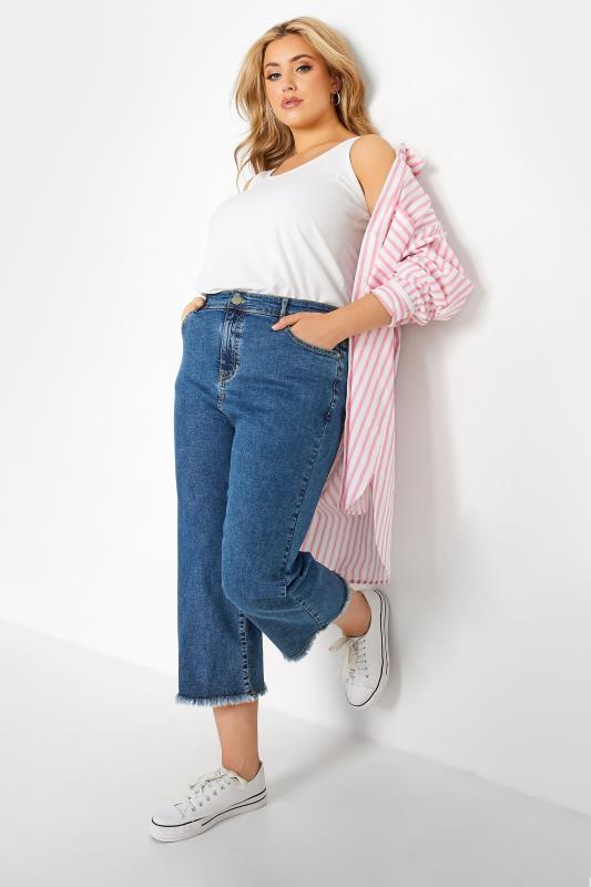 Plus Size Blue Stretch Wide Leg Cropped Jeans | Yours Clothing 2