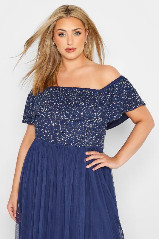 LUXE Plus Size Blue Bardot Hand Embellished Maxi Dress | Yours Clothing 4