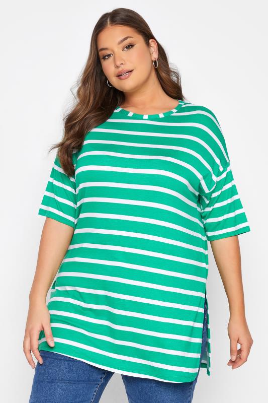  Grande Taille YOURS Curve Green Stripe Oversized T-Shirt