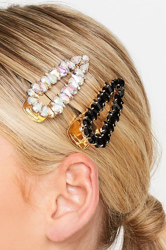 Plus Size  2 PACK Black & Silver Diamante Embellished Hair Clips